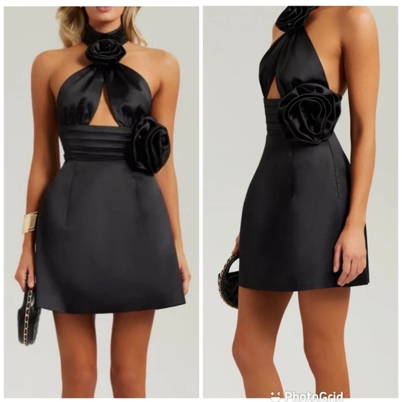 HEIRESS BY BEVERLY HILLS Dresses & Skirts - Heiress Beverly Hills Black Halter Satin Cutout Flower Dress New with Tags!